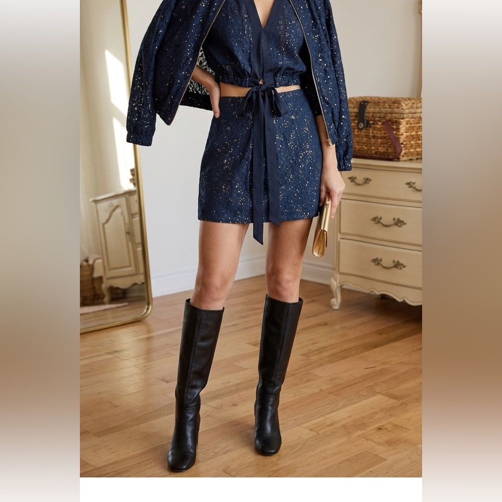 Sachin + Babi Midnight Blue and Metallic Gold set mini skirt blazer lace bomber